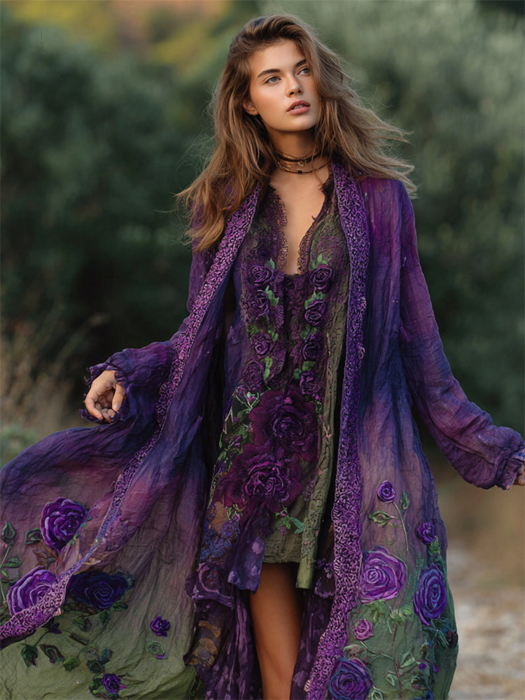 Vintage Purple Roses Embroidered Dyed Flowy Linen Cardigan elevenforest