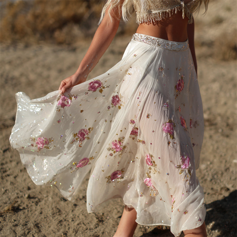 Bohemian Floral Sequins Embroidery Women's Flowing Halter Long Skirt elevenforest