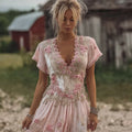 Vintage Pink Boho Roses Embroidered Flowy Linen Maxi Dress elevenforest