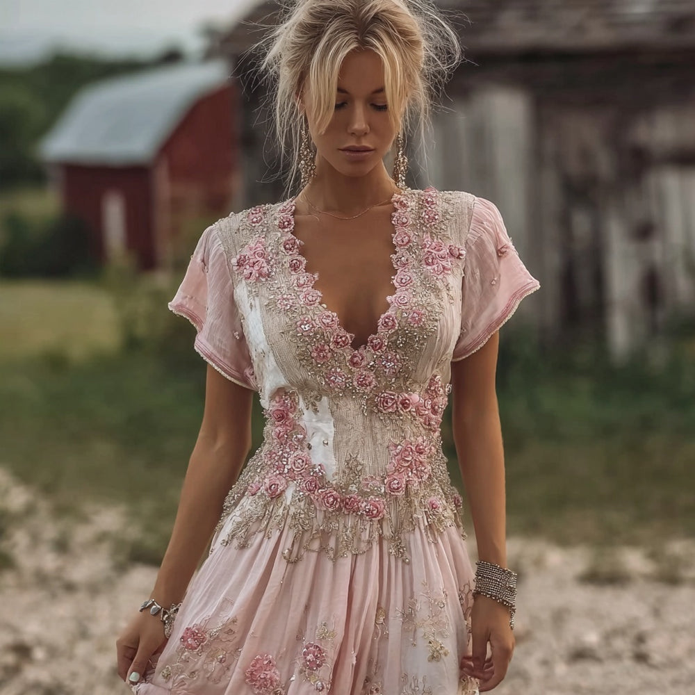 Vintage Pink Boho Roses Embroidered Flowy Linen Maxi Dress elevenforest