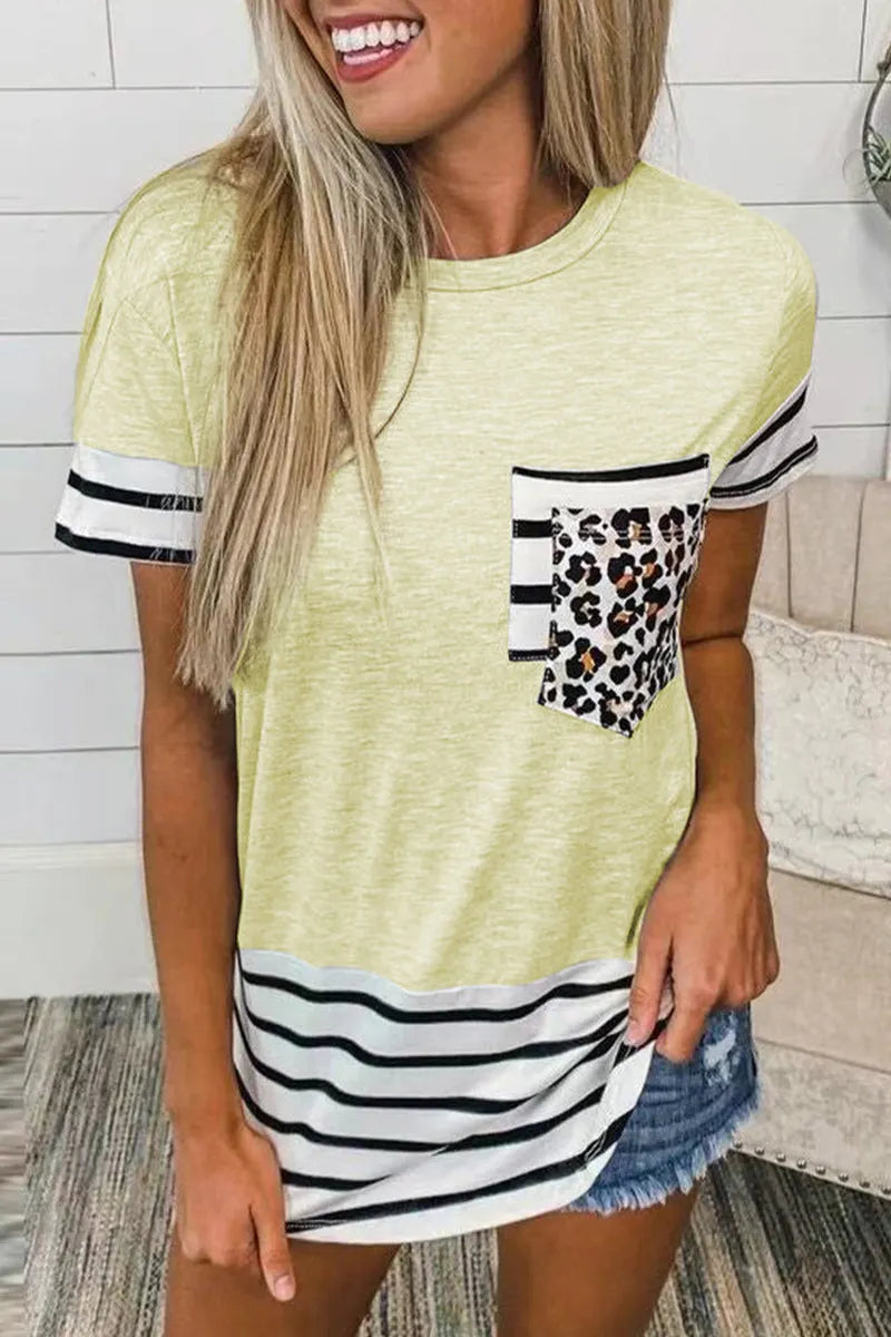 Striped Leopard Patchwork Pocket T-shirts(10 Colors)