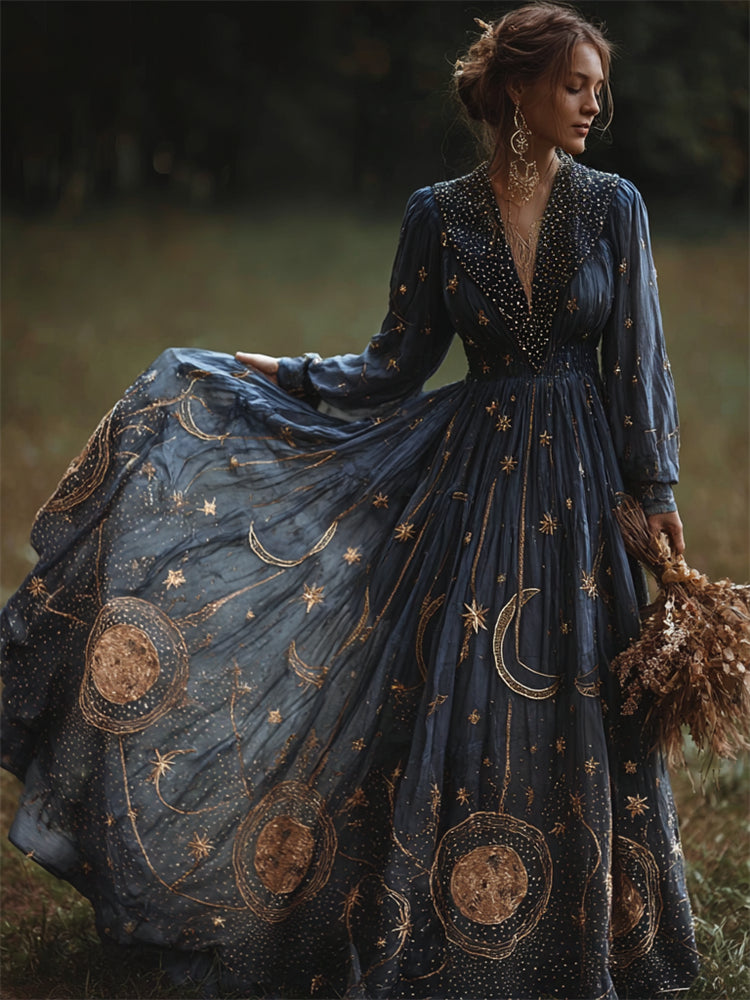 Vintage Celestial Glitter Moon & Stars Flowy Maxi Dress elevenforest