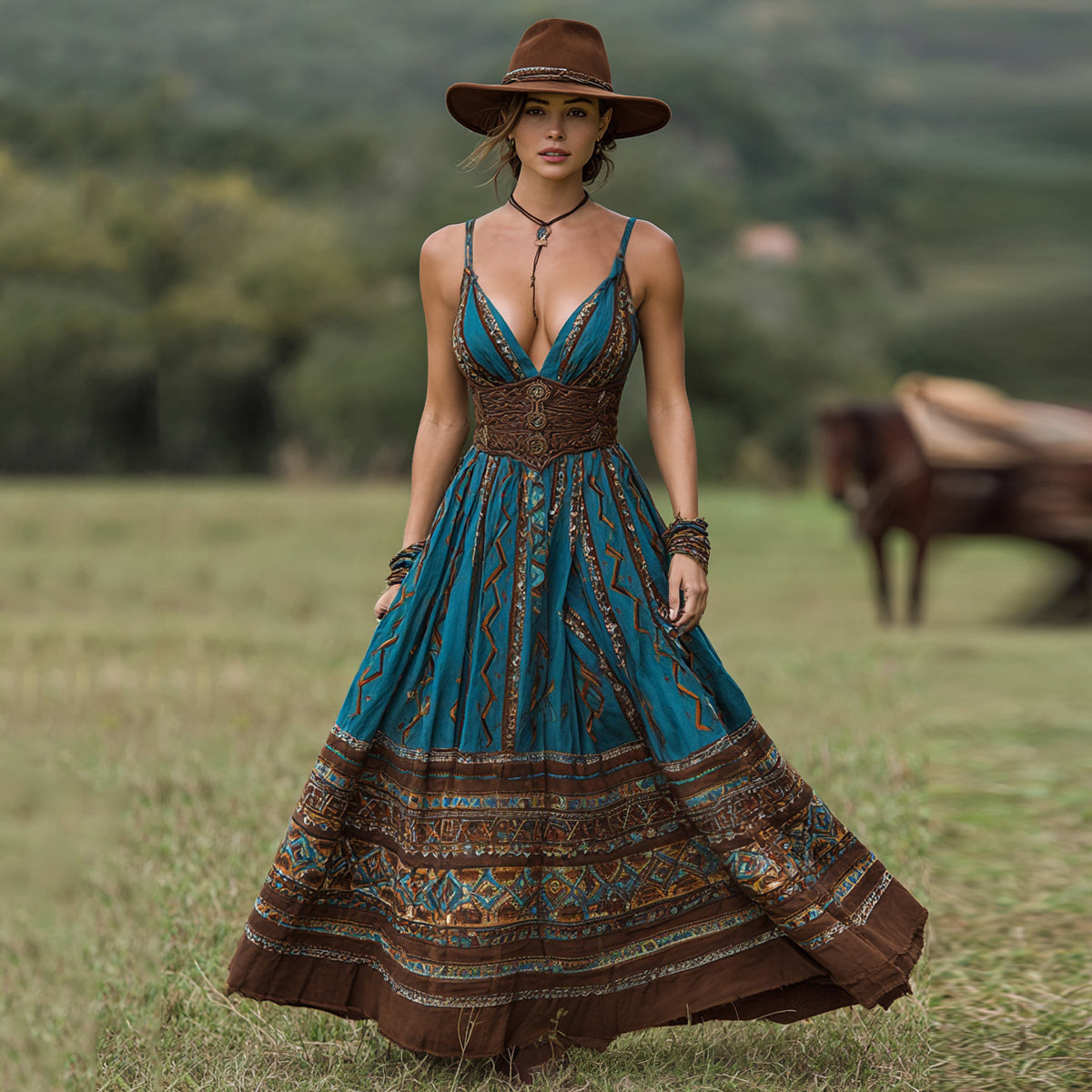 Women's Vintage Western Geometry Print Suspender Maxi Dress elevenforest