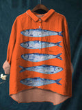Simple Marine Animal Fish Print Cotton And Linen Shirt