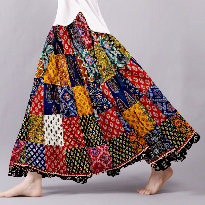 Boho Patchwork Flowy Linen Blend Wide Skirt elevenforest