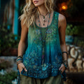 Vintage Classy Gradient Blue Rose And Floral Embroidered Pattern Linen V Neck Tank Top elevenforest