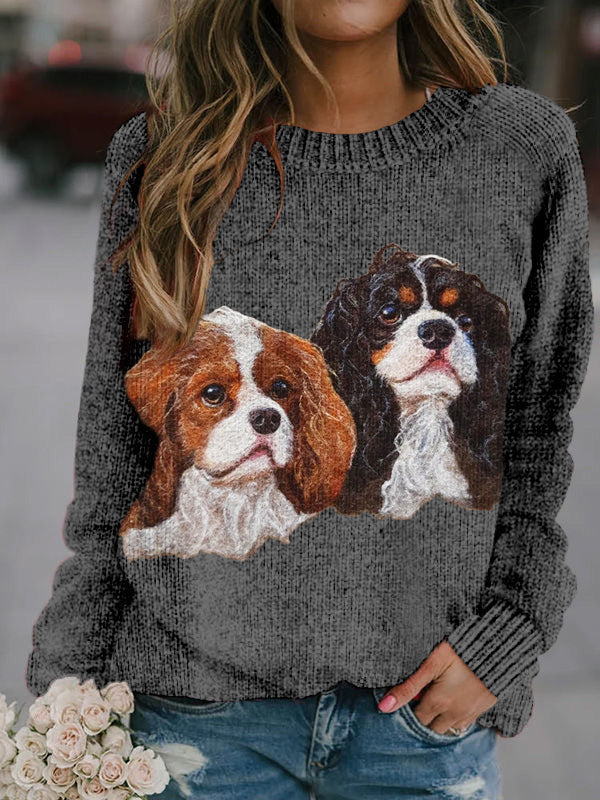 Comstylish Cute Dogs Felt Art Crew Neck Cozy Knit Sweater