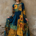 Women's Oil Painting Sunflower Art Print Round Neck Loose Maxi Dress