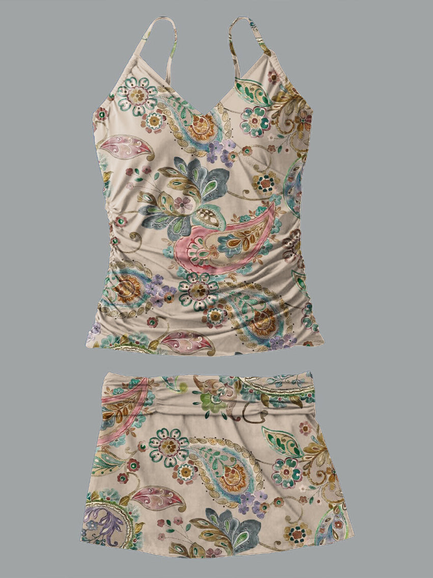 V-Neck Vintage Floral Art Print Suspender Skirt Tankini Pantskirt Set Swimsuit