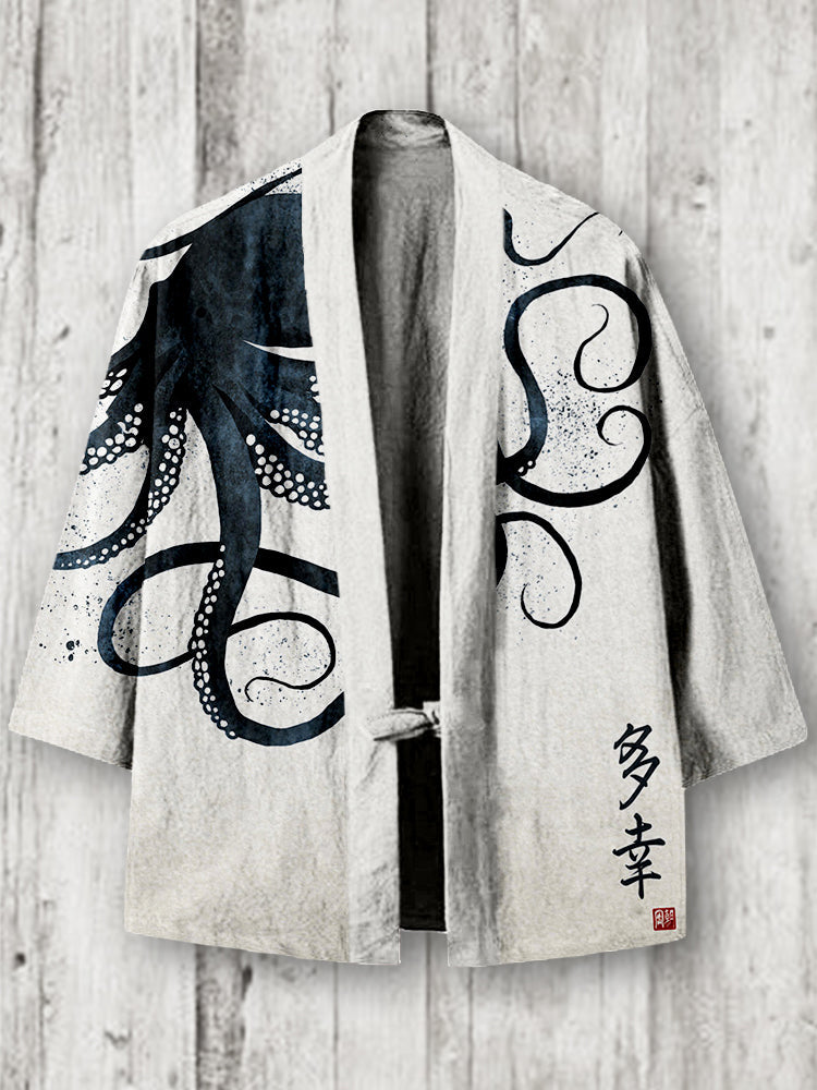 Octopus Japanese Calligraphy Art Linen Blend Kimono Cardigan elevenforest