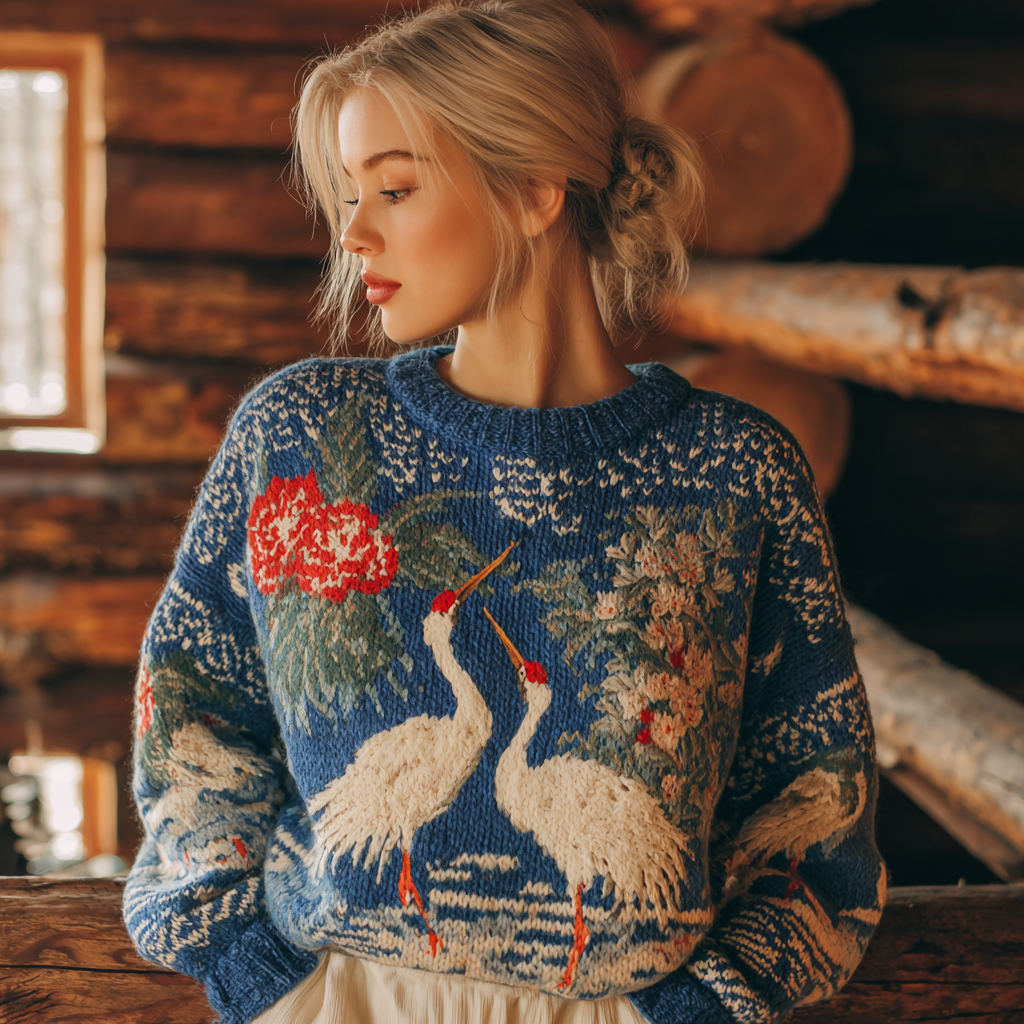 Japanese Art Style Crane Pattern Women's Sweater elevenforest