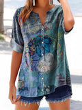 Women's Floral Cat Pattern Art Print Cotton Linen Casual Shirt