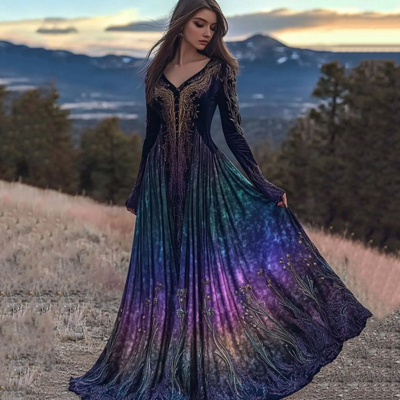 Women's Viking Purple Gradient Pattern V Neck Maxi Dress elevenforest