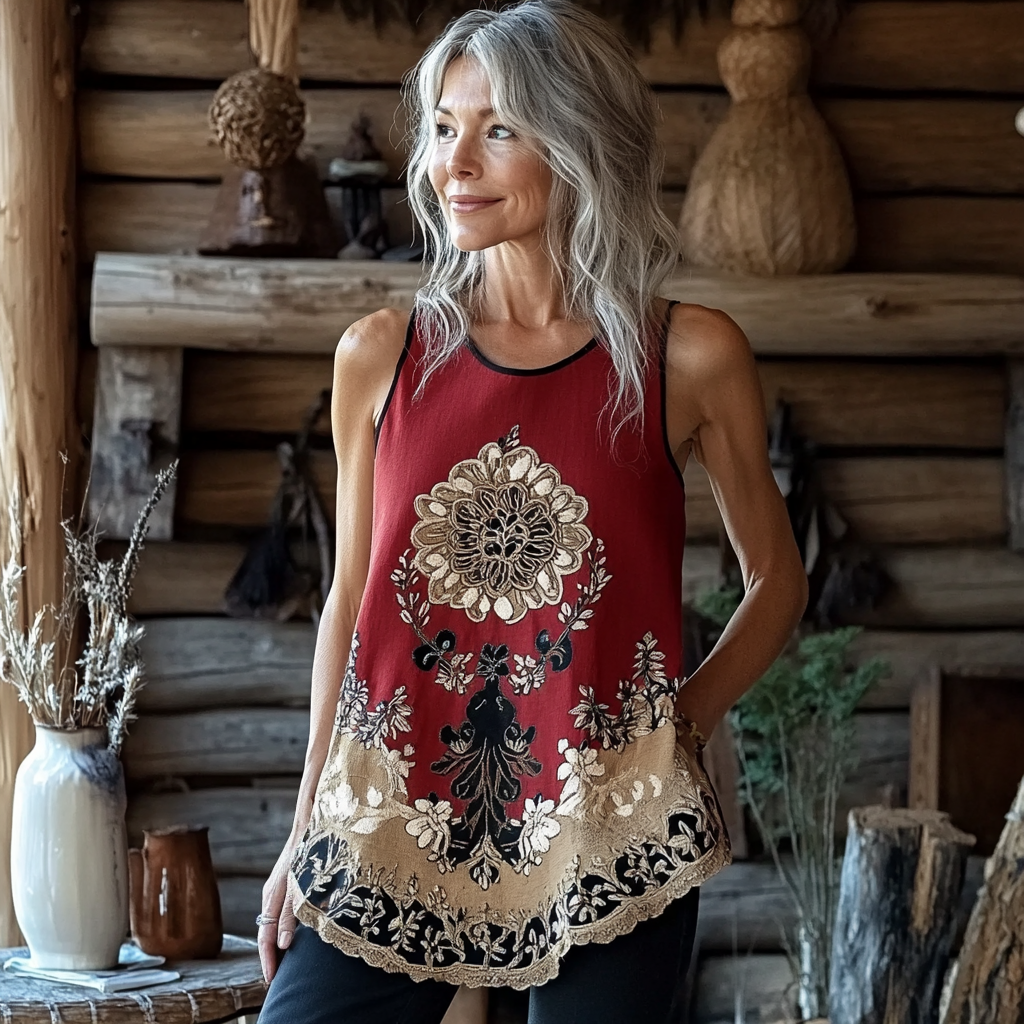 Vintage Floral Print Sleeveless Tank Top elevenforest