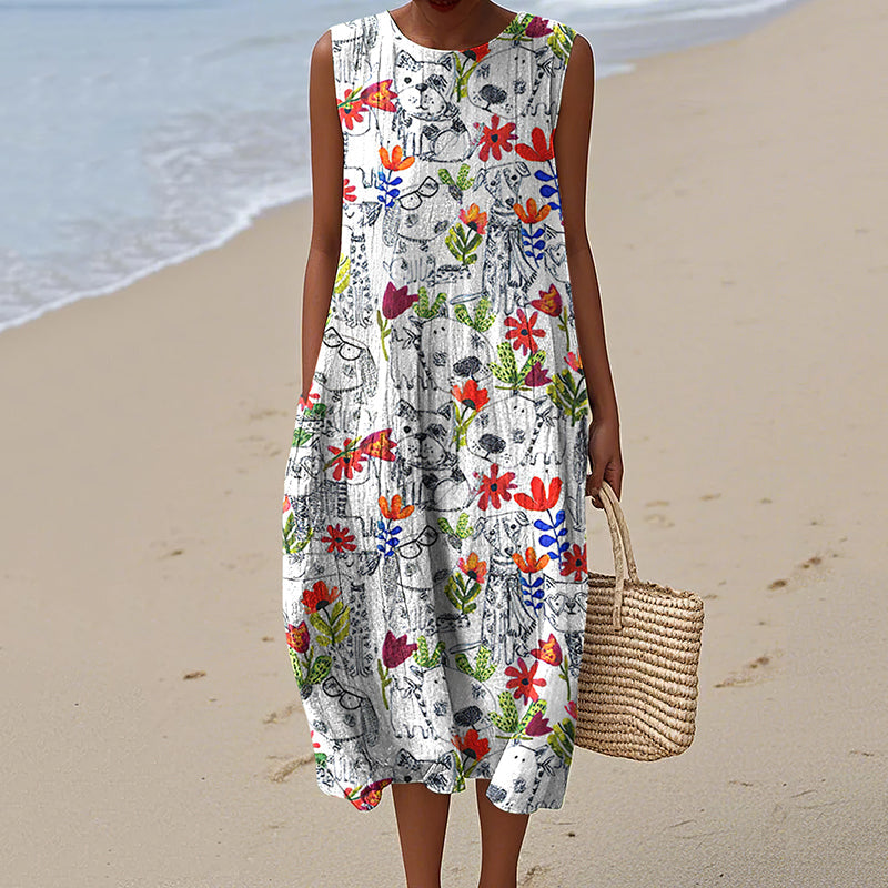 Women's Vintage Floral Puppy Family Art Dress elevenforest