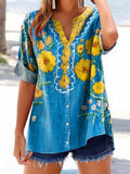 Women's Bohemian Floral Art Print Casual Cotton And Linen Shirt