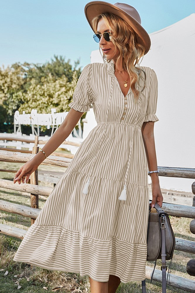 Striped V-neck Puff Short Sleeve Drawstring Midi Dress