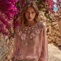 Vintage Boho Pink Roses Embroidered Art Flowy Linen Crew Neck Tunic elevenforest