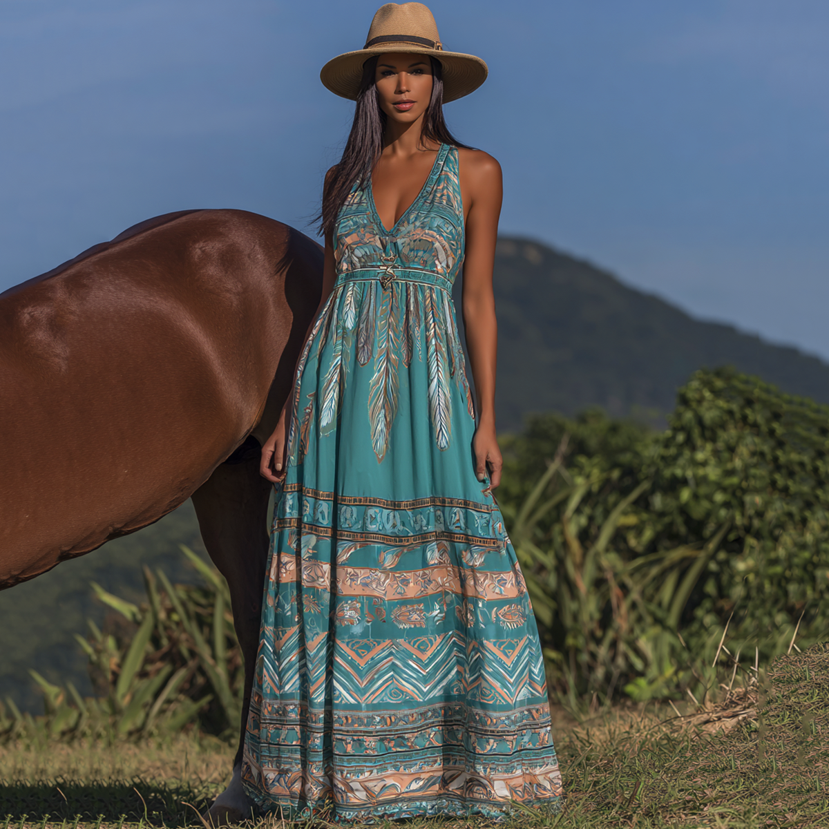 Women's Vintage Western Print Tank Maxi Dress elevenforest