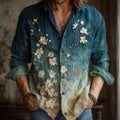 Men's Apricot Blossom Embroidery Oil Painting Art Linen Shirt elevenforest