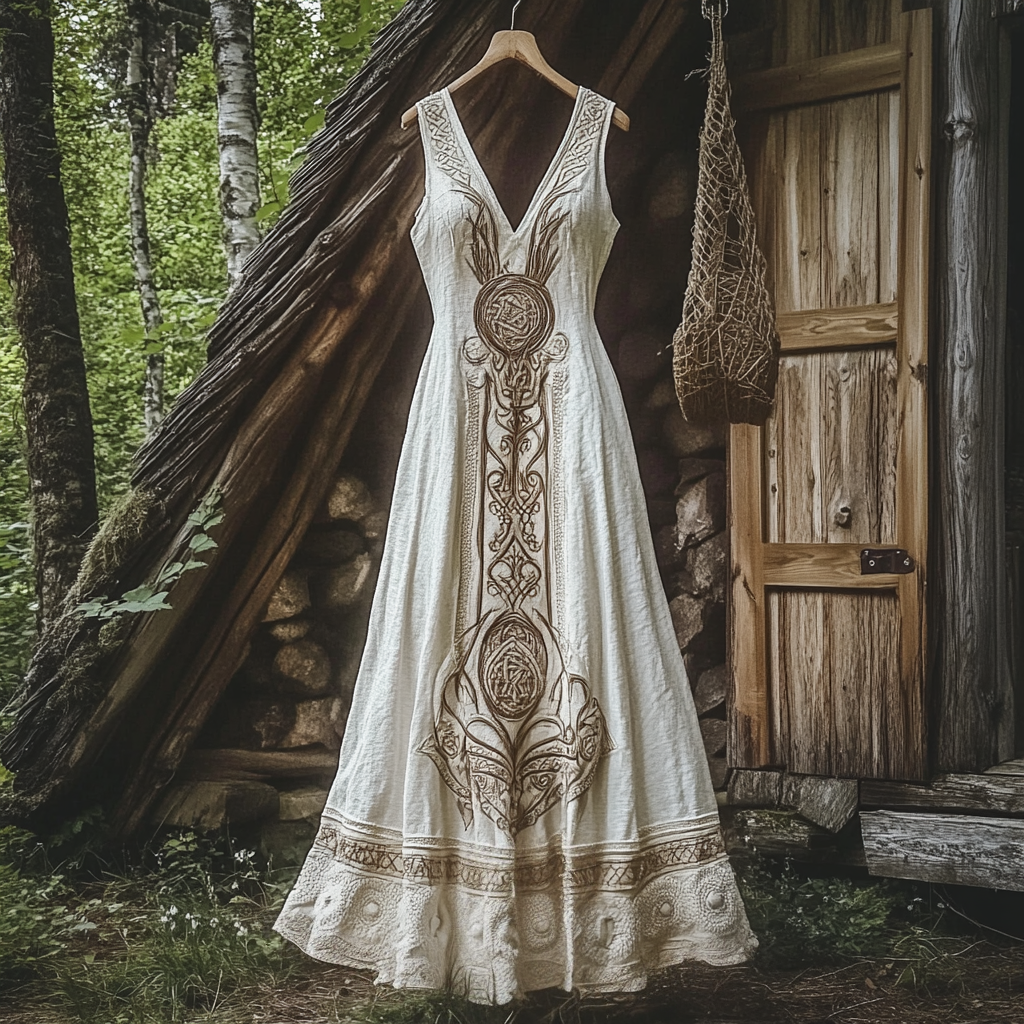 Women's Vintage Viking Celtic Rune Print Cotton And Linen Sleeveless Dress elevenforest