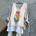 Women's Vintage Bird Embroidery Art Linen V-neck Shirt elevenforest