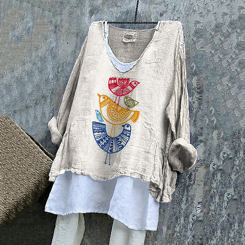 Women's Vintage Bird Embroidery Art Linen V-neck Shirt elevenforest