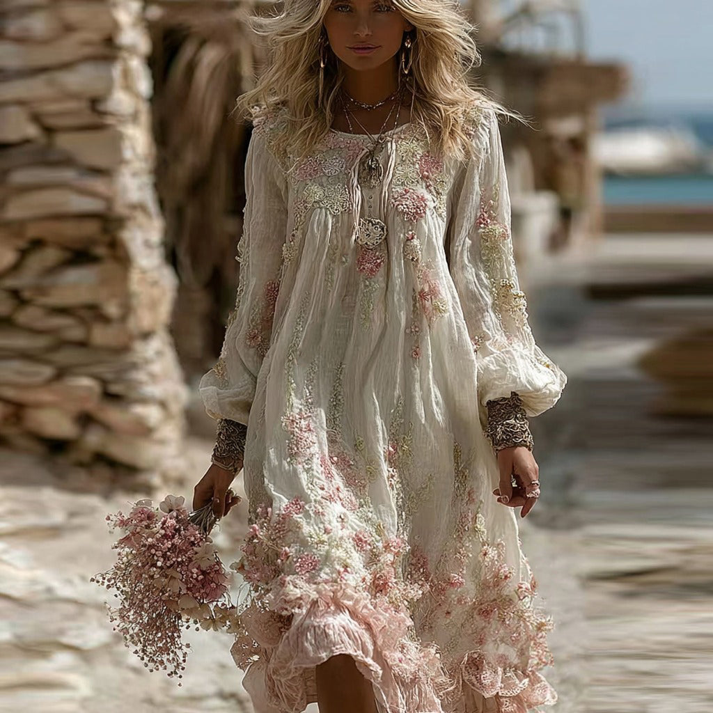 Women's Vintage Gypsophila Floral Pattern Casual Linen Maxi Dress elevenforest