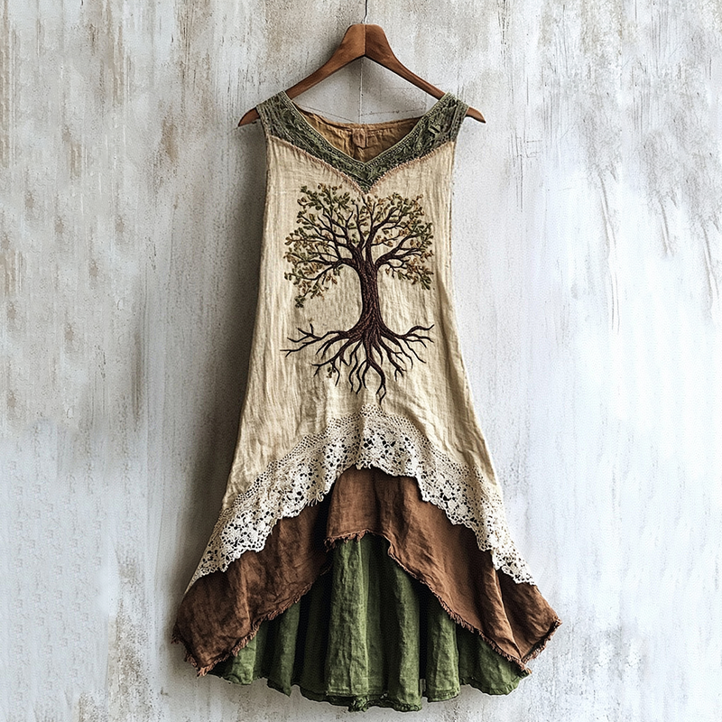 Viking Celtic Tree Of Life Lace Art Patchwork Linen Tank Dress elevenforest