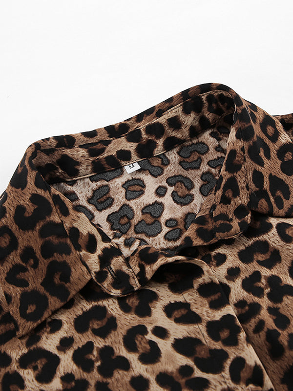 Loose Leopard Split-joint Lapel Long Sleeves Tied Waist Blouse + Elasticity Pants Trousers Two Pieces Set