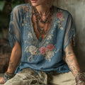 Women's Vintage Floral Embroidery V-neck T-shirt elevenforest