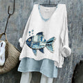 Comstylish Fish & Bubbles Denim Textile Art Linen Tunic