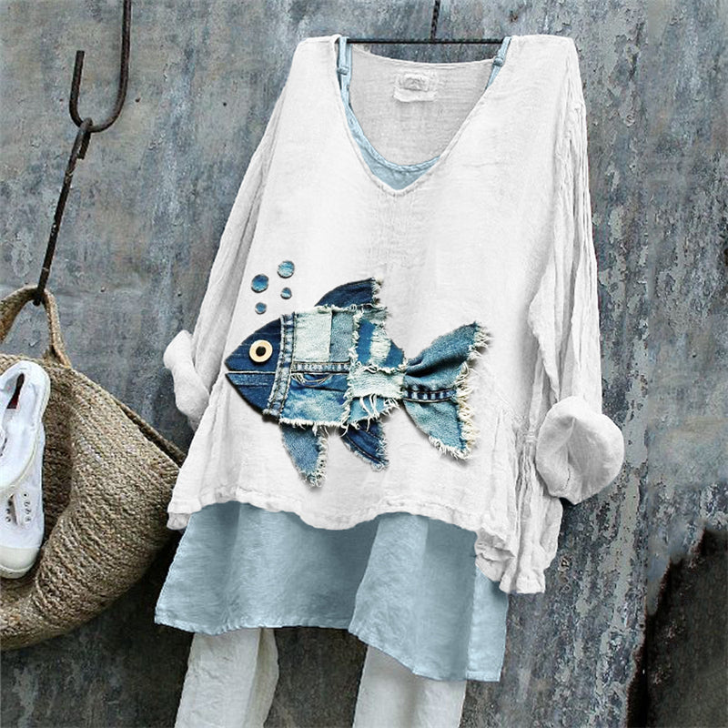 Comstylish Fish & Bubbles Denim Textile Art Linen Tunic