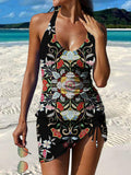 Retro Colorful Flower Print Pleated Drawstring V-neck Tankini Pantskirt Set Swimsuit