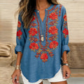 Women's Vintage Hibiscus Embroidered Linen V-neck Shirt elevenforest