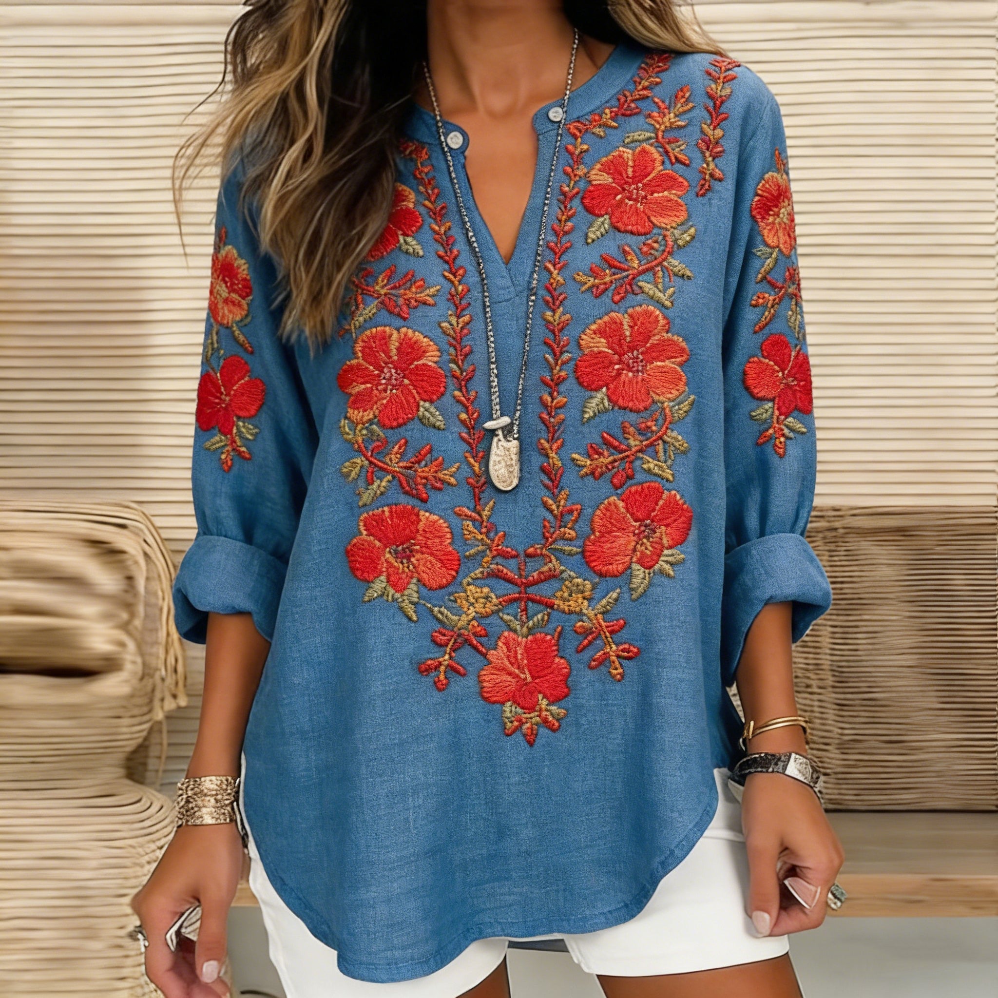 Women's Vintage Hibiscus Embroidered Linen V-neck Shirt elevenforest