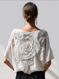 Bohemian Style Woman's V-neck White Rose Short-sleeved Shirt elevenforest