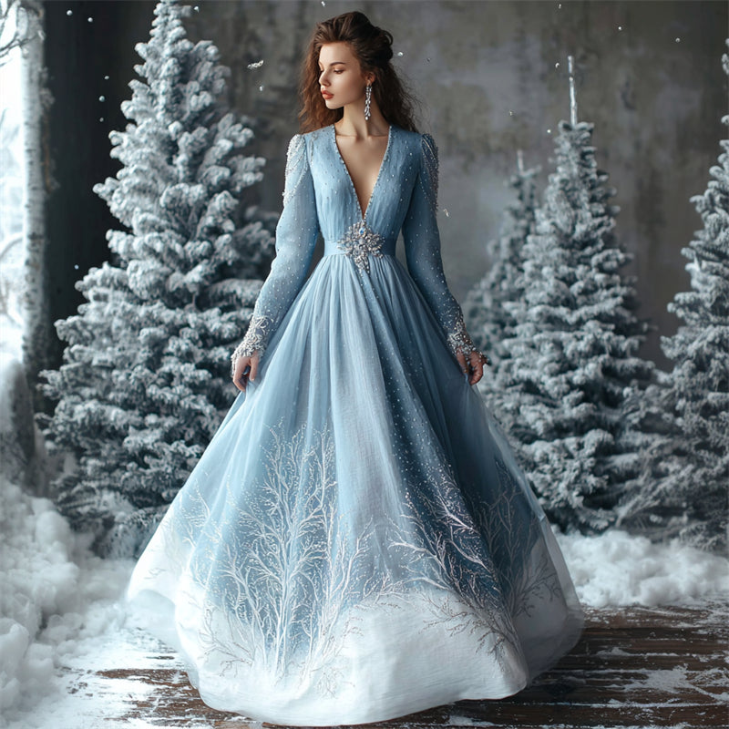 Classy Snowy Landscape Contrast Beaded Flowy Maxi Dress