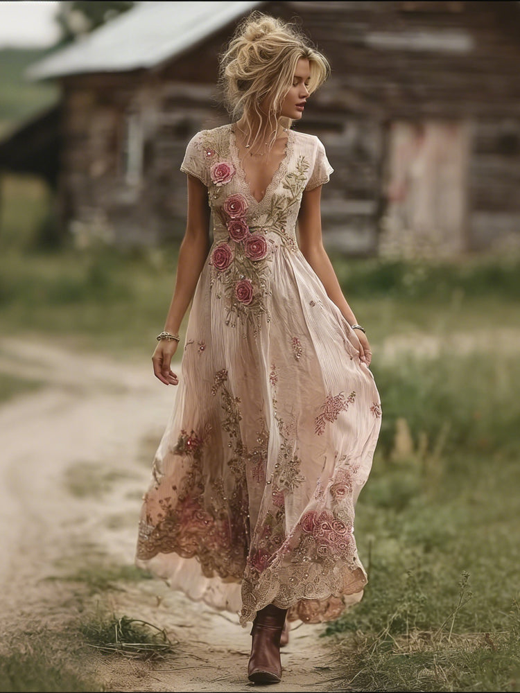 Vintage Pink Boho Floral Art V Neck Flowy Linen Maxi Dress elevenforest