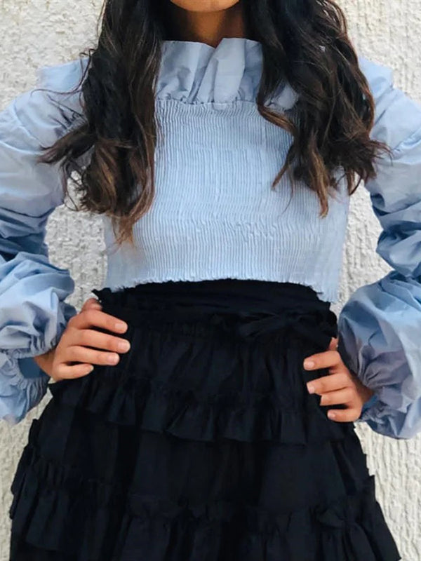 Long Sleeves Loose Elasticity Ruffle Trim Color Split-joint Off-the-shoulder Blouses&shirts Tops