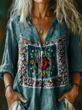 Women's Bohemian Floral Art Print Casual Cotton Linen Shirt
