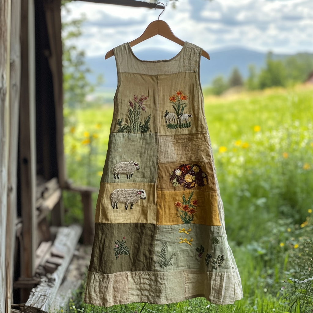 Women's Vintage Farm Sheep And Grass Print Sleeveless Dress elevenforest