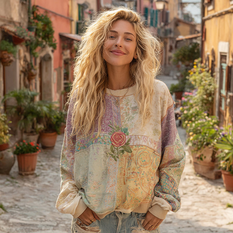 Women's Retro Bohemian Floral And Rose Comfortable Crew Neck Sweatshirt elevenforest
