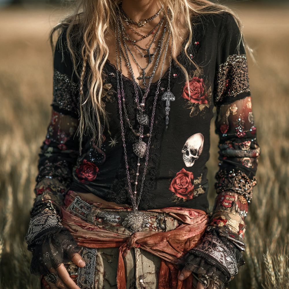 Women's Patchwork Floral Skull Long-sleeved Vintage Top elevenforest
