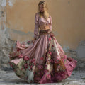 Pink Roses Embroidered Boho Floral Patchwork Flowy Wide Skirt elevenforest