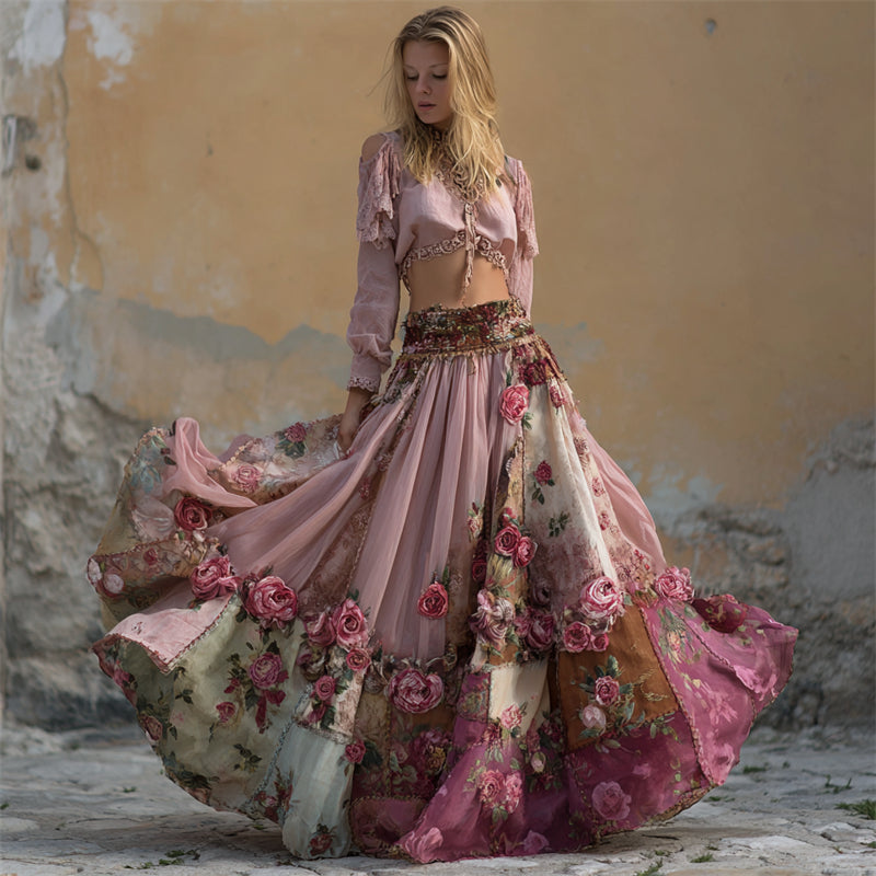 Pink Roses Embroidered Boho Floral Patchwork Flowy Wide Skirt elevenforest