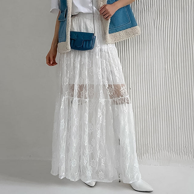 Taruxy Jacquard See-through High-waisted Skirt ’s Summer New Loose A-line Long Skirt Lace Patchwork Color Female
