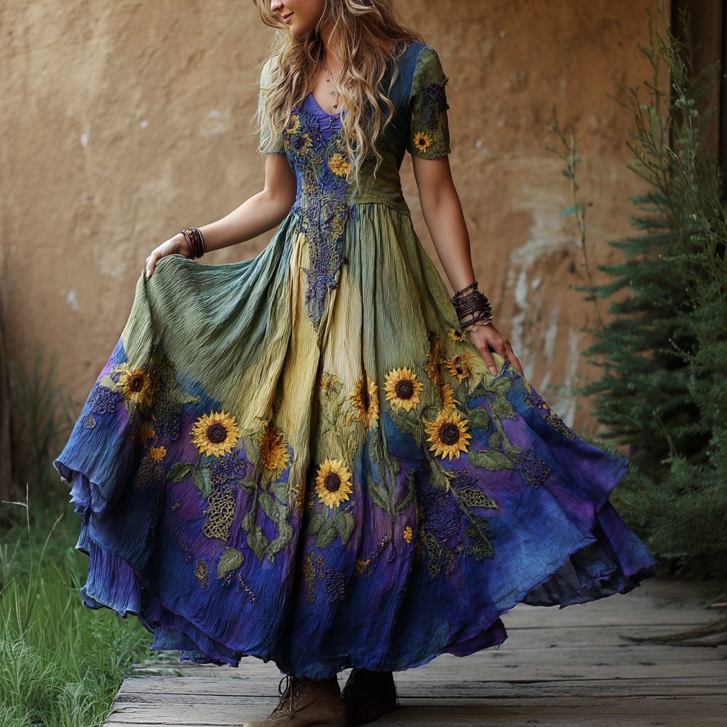 Vintage Sunflowers Embroidered Gradient Flowy Linen Maxi Dress elevenforest