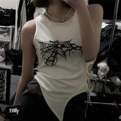 Summer Spider Web Print Tank Tops Aesthetic Hollow Out Bandage Punk Vest Irregular Causal Basic Y2k Crop Top