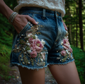 Women's Bohemian Style Three-dimensional Pink Flower Design Denim Shorts elevenforest